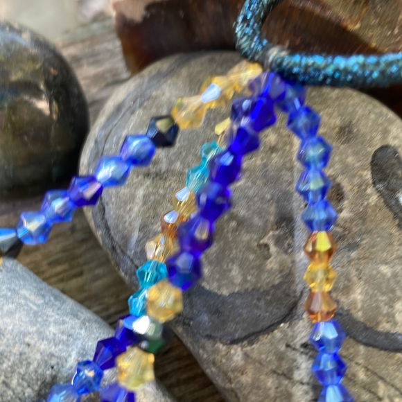 Hair Elastic Enhanced w Multifaceted Crystal Beads in Blue & Gold Handmade - Picture 3 of 5